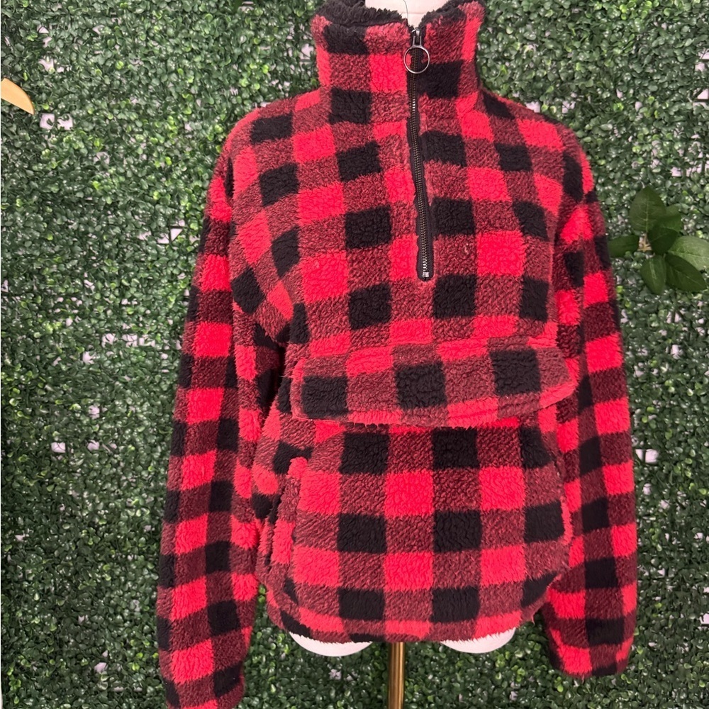 Red and Black Plaid Fleece Quarter Zip